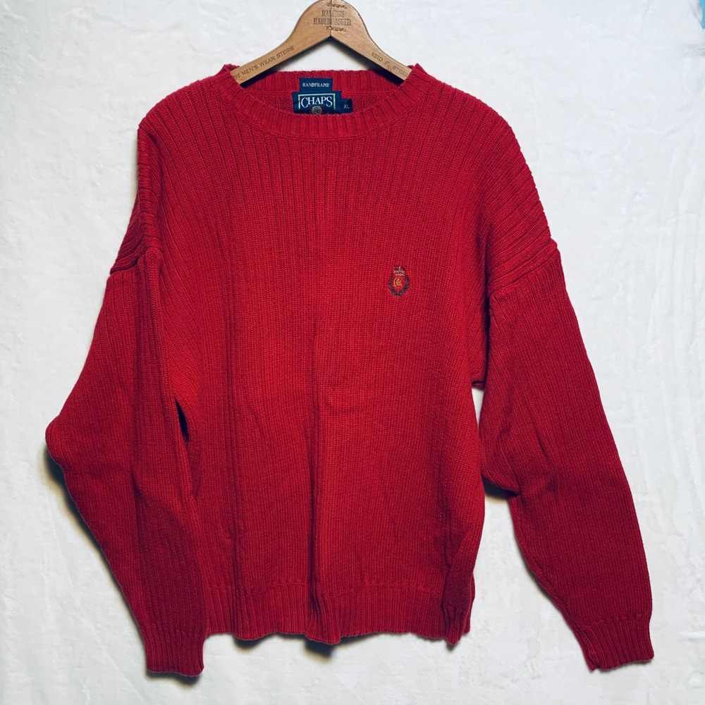 Vintage Chaps Ralph Lauren Sweater Mens XL Red Knit‎ Cotton Crest Logo Handframe